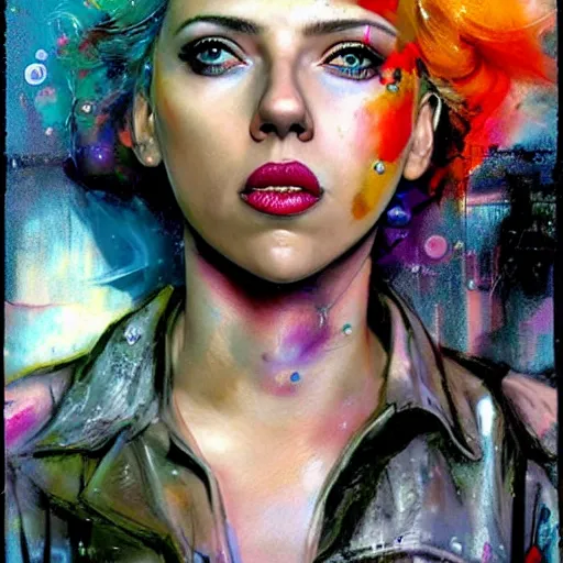 Image similar to scarlett johansson as delirium from sandman, ( hallucinating colorful soap bubbles ), by jeremy mann, by sandra chevrier, by dave mckean and richard avedon and maciej kuciara, punk rock, tank girl, high detailed, 8 k