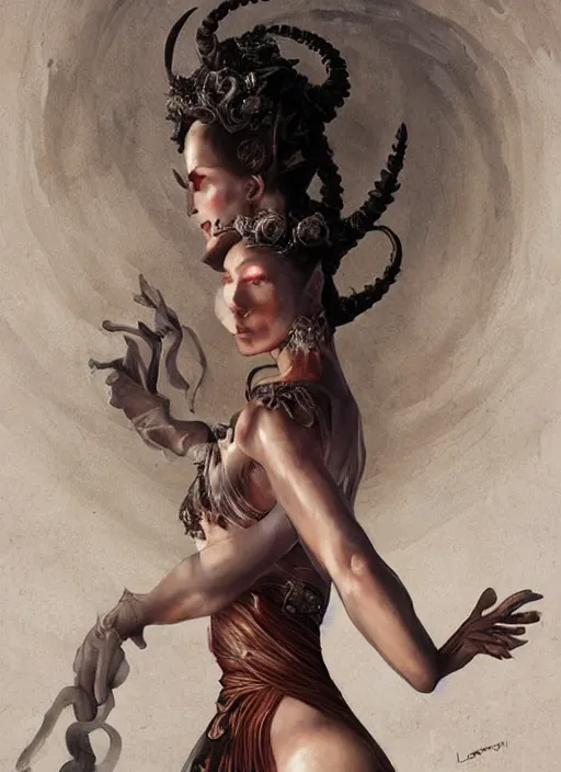 Image similar to a detailed body portrait of a elegantly dressed female tiefling dancing, queen of blades, a beautiful face, by dorian cleavenger, by greg rutkowski, by wlop, by astri lohne, by zdzisław beksinsk, by bastien lecouffe - deharme