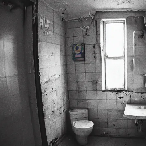 Prompt: a wide angle 3 5 mm film photography of a dirty cluttered bathroom somewhere in eastern europe, evocating a feeling of child wonder and endless possibilities