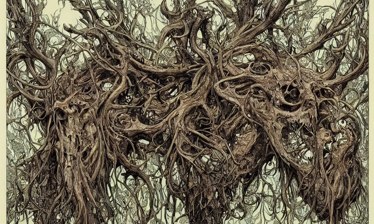 Image similar to hyperdetailed art nouveau portrait of treebeard as a cthulhu eyeball moose skull wendigo cryptid monster, by geof darrow, simon bisley and bill sienkiewicz, grim yet sparkling atmosphere, photorealism, claws, skeleton, antlers, fangs, forest, wild, bizarre, scary, lynn varley, lovern kindzierski, steve oliff