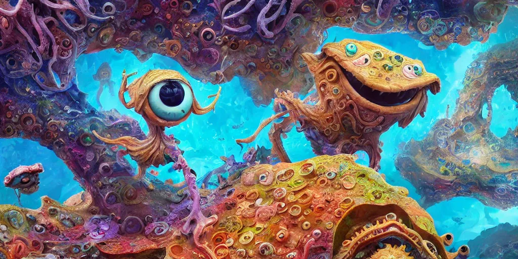 Image similar to of an intricate sea reef with strange cute friendly happy creatures with huge eyes, mouth, long tongue, round teeth and goofy face, appearing from the background, in the style of gehry and gaudi, macro lens, shallow depth of field, ultra detailed, digital painting, trending artstation, concept art, illustration, cinematic lighting, photorealism, epic, octane render