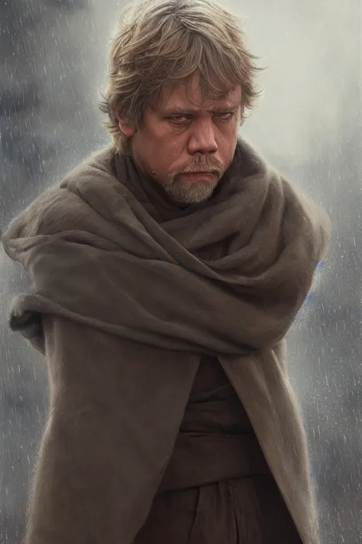 Image similar to luke skywalker crying in the rain, detailed, 8 k, trending on artstation, smooth, sharp focus artwork by mark arian, artgerm, mark keathley, greg rutkowski