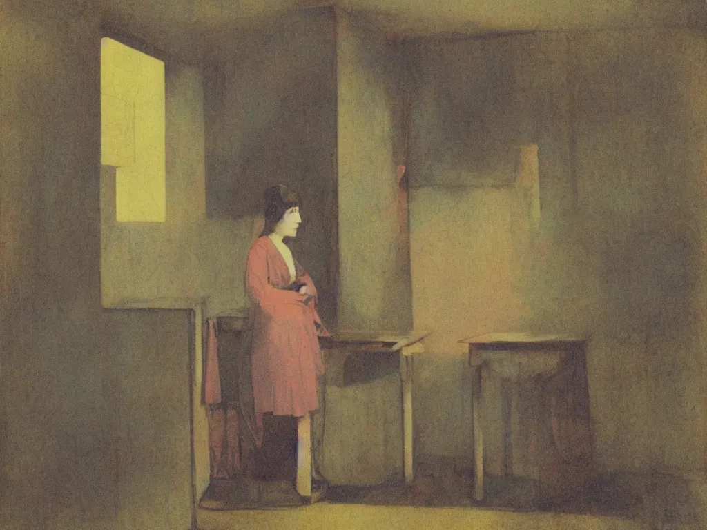 Image similar to a lonely girl in an empty room, colored daguerreotype, by Mackintosh, by max Ernst, art noveau, bright pastel colors,