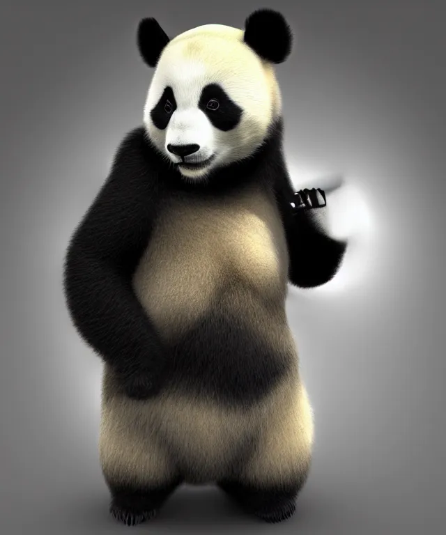 Image similar to a panda android, 3d Render, Hyper Realistic, Cyberpunk, Smooth Texture, Trending on ArtStation