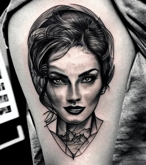Image similar to a beautiful woman face against a background of beautiful mountains, tattoo design sketch, amazing blend effect, hyper - realistic, in the style of matteo pasqualin, amazing detail, black and white