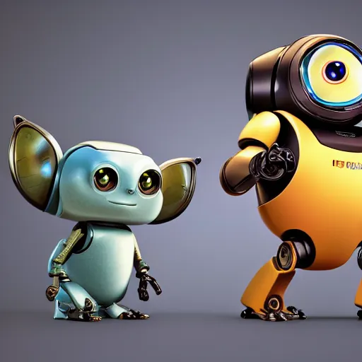 Image similar to two small chubby bots, hyperdetailed colourful, smooth panelling, intricate detail, pushing a battery, style of cute pokemon, with damaged rusty arms, antenna, jerboas, floating, white studio, oil, mechanical, cute toy, wall - e, ambient light, in the style of pixar animation, pokedstudios,, blender, octane render, 8 k,