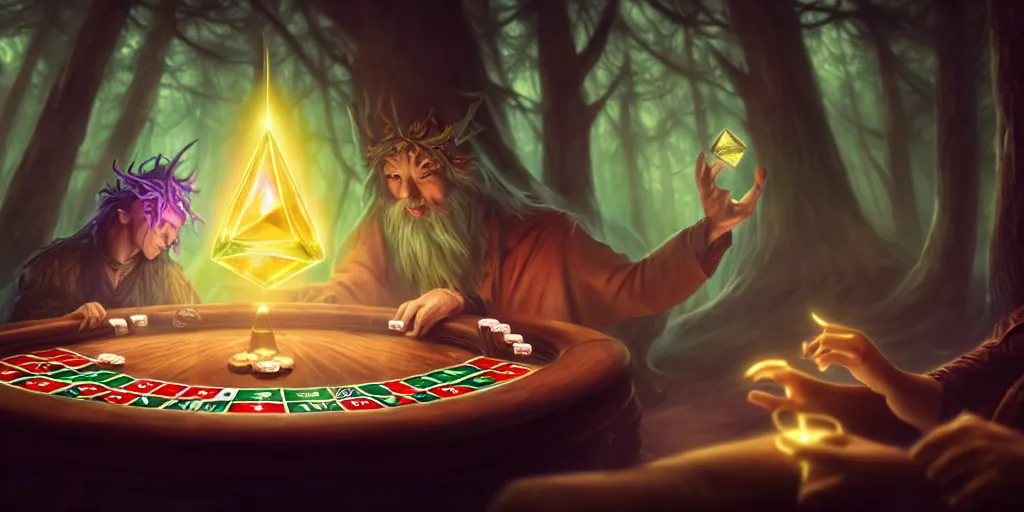 Prompt: a mythical, magical forest spirit wizard rolling d 6 casino dice, glowing energy, fantasy magic, by willian murai and jason chan and marco bucci, hyper detailed and realistic, illustration, sharp focus, cinematic, rule of thirds, foresthour