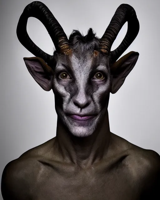 Prompt: Mauricio Macri in Elaborate Pan Satyr Goat Man Makeup and prosthetics designed by Rick Baker, Hyperreal, Head Shots Photographed in the Style of Annie Leibovitz, Studio Lighting