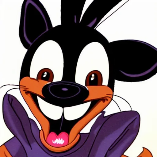 Image similar to A extremely highly detailed majestic hi-res beautiful, highly detailed head and shoulders portrait of a scary terrifying, horrifying, creepy black cartoon rabbit with scary big eyes, earing a shirt laughing, hey buddy, let's be friends, in the style of Walt Disney animation