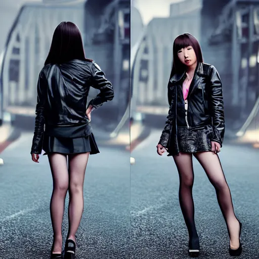 Image similar to a dynamic, epic cinematic 8K HD movie shot of a japanese young J-Pop idol girl wearing leather jacket, miniskirt, nylon tights and high heels boots. Motion, VFX, Inspirational arthouse