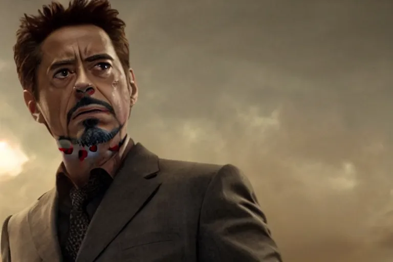 Prompt: film still of zombie Tony Stark in new avengers movie, 4k