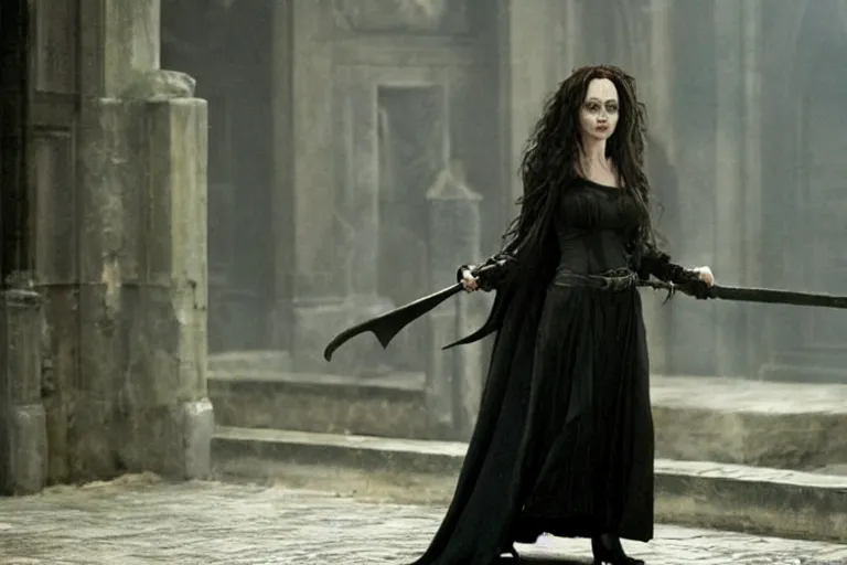 Image similar to film still Angelia Jolie as Bellatrix Lestrange in Harry Potter movie