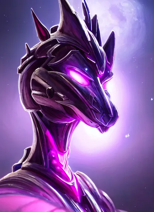 Image similar to cinematic goddess close shot, cosmic sized beautiful stunning elegant hot giant robot mecha female dragon, sharp cyborg dragon head, sharp metal ears, led glowing purple eyes, smooth fuschia skin, smooth silver armor, floating in space, epic proportions, epic scale, macro furry, furry art, dragon art, goddess art, giantess art, warframe fanart, furaffinity, octane