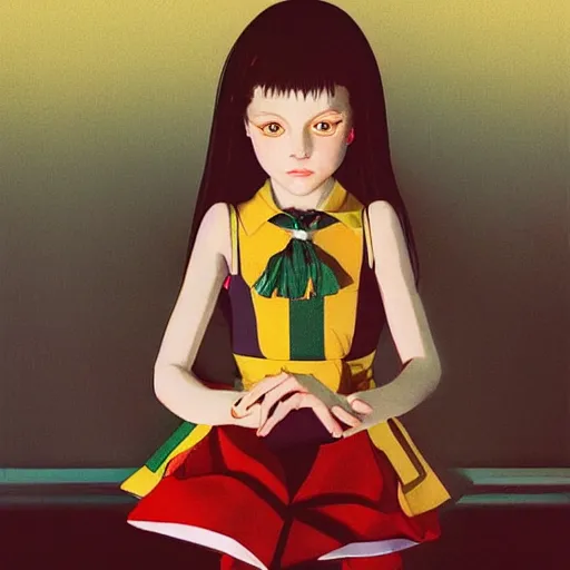 Image similar to little girl wearing an gucci's outfit. art by ilya kuvshinov, inspired by balthus, highly detailed, 8 0 s anime art style, realistic,