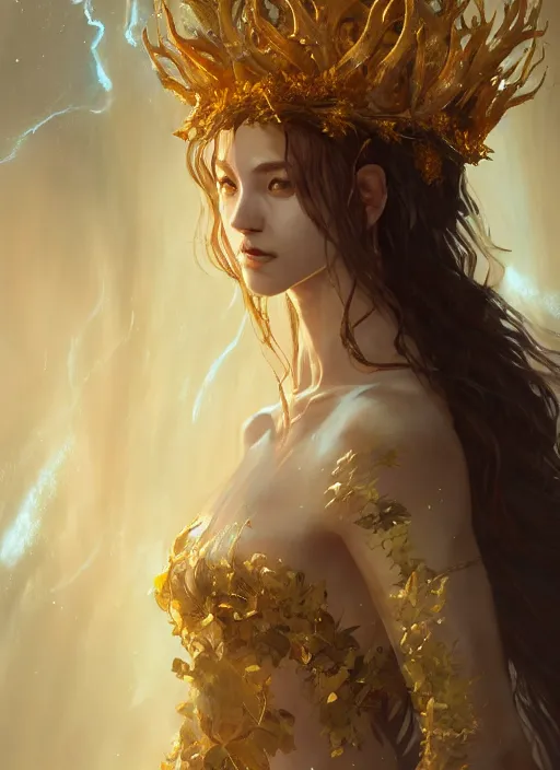 Prompt: Half-body portrait of a beautiful dryad high priestess queen with golden vine crown and white robes. In style of Hyung-tae Kim and Greg Rutkowski, concept art, trending on ArtStation, Korean MMORPG, over-detailed art, 8K, epic, dynamic lightning, dramatic pose.