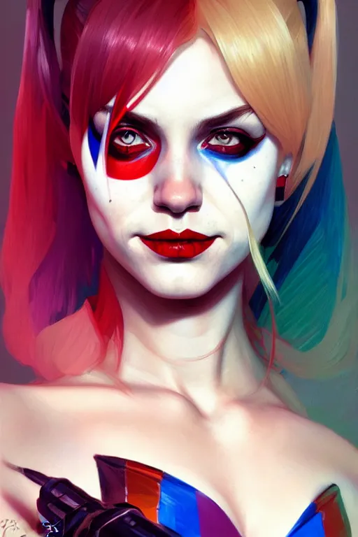 Prompt: a portrait of harley quinn, fantasy, sharp focus, intricate, elegant, digital painting, artstation, matte, highly detailed, concept art, illustration, ambient lighting, art by ilya kuvshinov, artgerm, alphonse mucha, and greg rutkowski