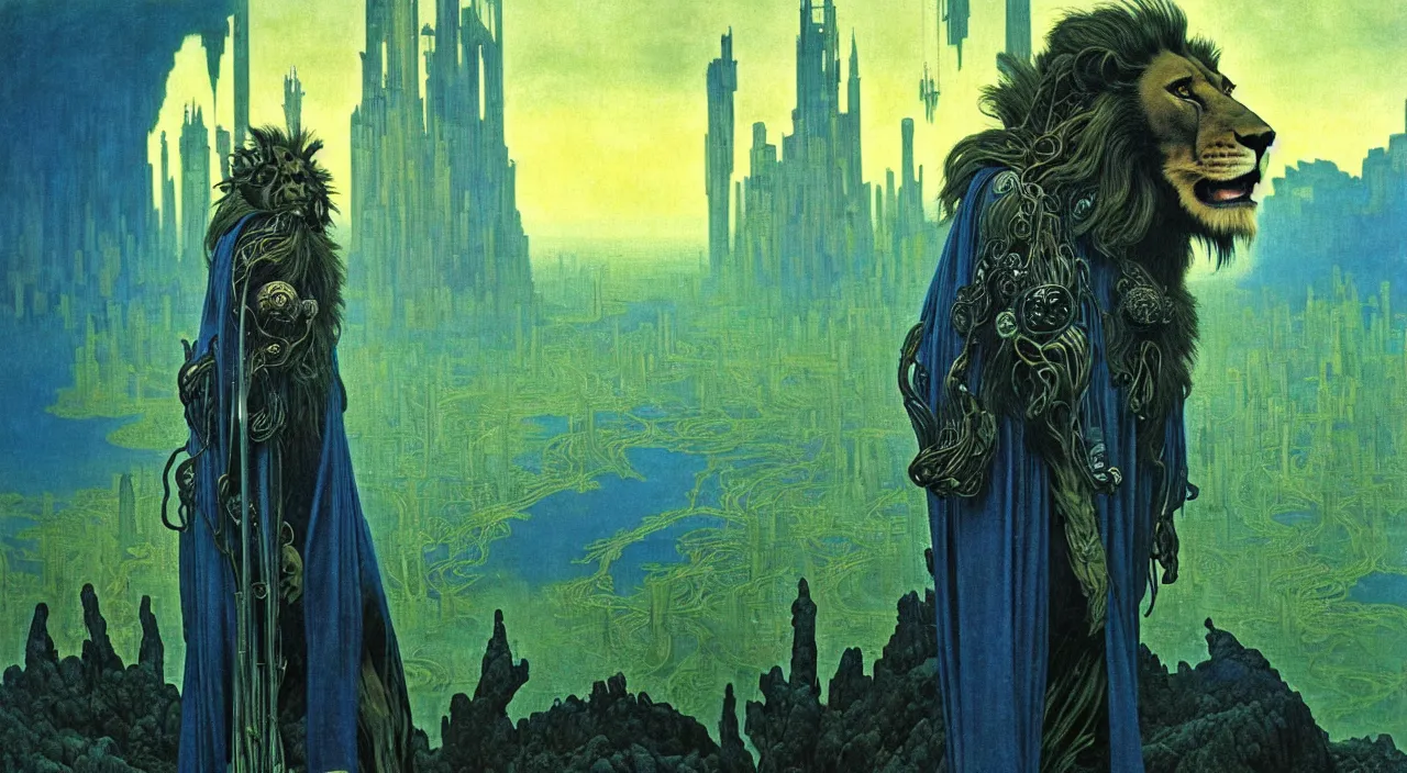 Prompt: realistic detailed portrait movie shot of a lionman wearing dark robes, sci fi city landscape background by denis villeneuve, amano, yves tanguy, alphonse mucha, ernst haeckel, max ernst, roger dean, masterpiece, rich moody colours, blue eyes, occult