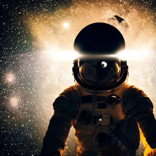 Image similar to astronaut silhouette with arms extended forward, bottom of arms lit by light coming from off camera, light coming from below, starry sky background, lit from below, full body photo,, 8 k