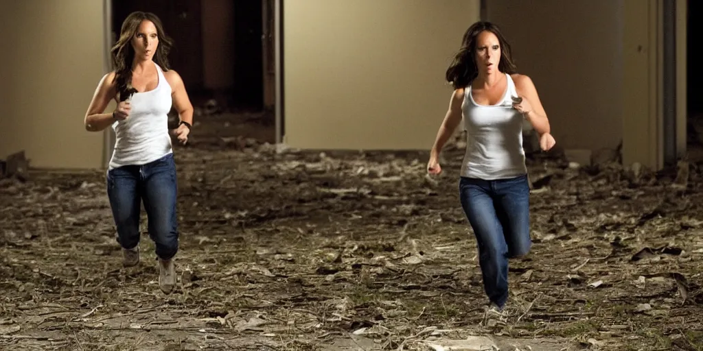 Prompt: Jennifer Love Hewitt running away from a serial killer in a dark abandoned school