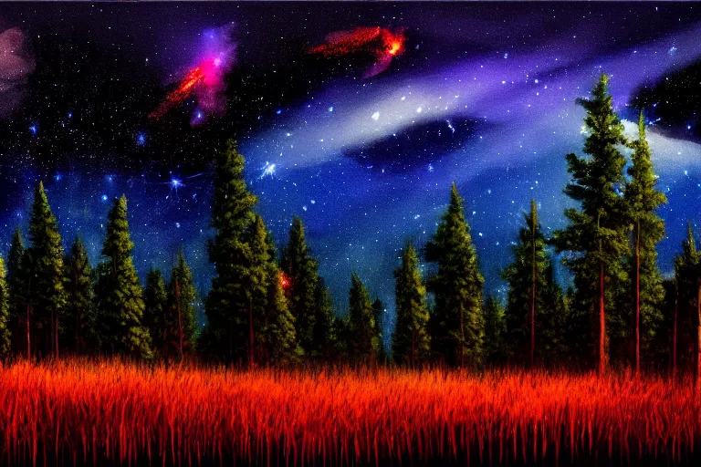 Prompt: artillery lights up the night sky, forest clearing background, at night, oil on canvas, bloom highlights, view from the ground, poster art, darkness, video game art, digital art, fine brushstrokes, hdr, 4 k