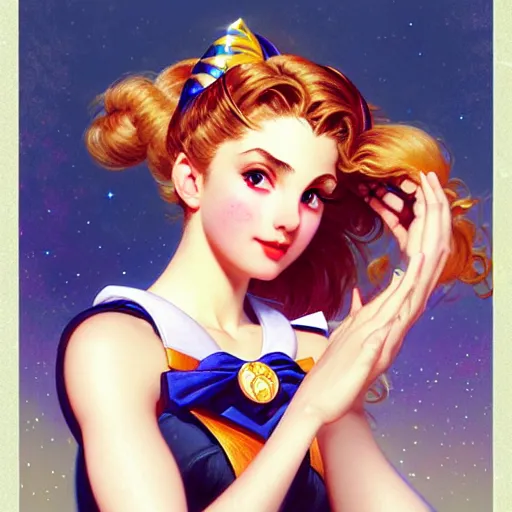 Image similar to head and shoulders Portrait of Sailor Moon, dark fantasy, medium shot, intricate, elegant, highly detailed, digital painting, volumetric light, artstation, concept art, smooth, sharp focus, illustration, art by Gil Elvgren and Greg Rutkowski and Alphonse Mucha