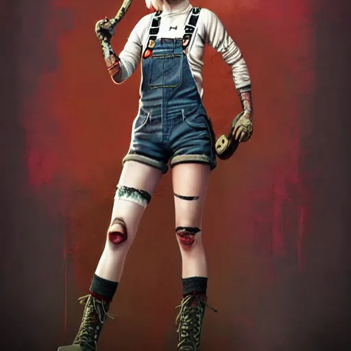 Image similar to full body pose, grungy ciri, torn overalls, short shorts, combat boots, fishnets, beautiful, highly detailed face, true anatomy!, extremely detailed!, digital painting, unreal engine 5, art by tom bagshaw