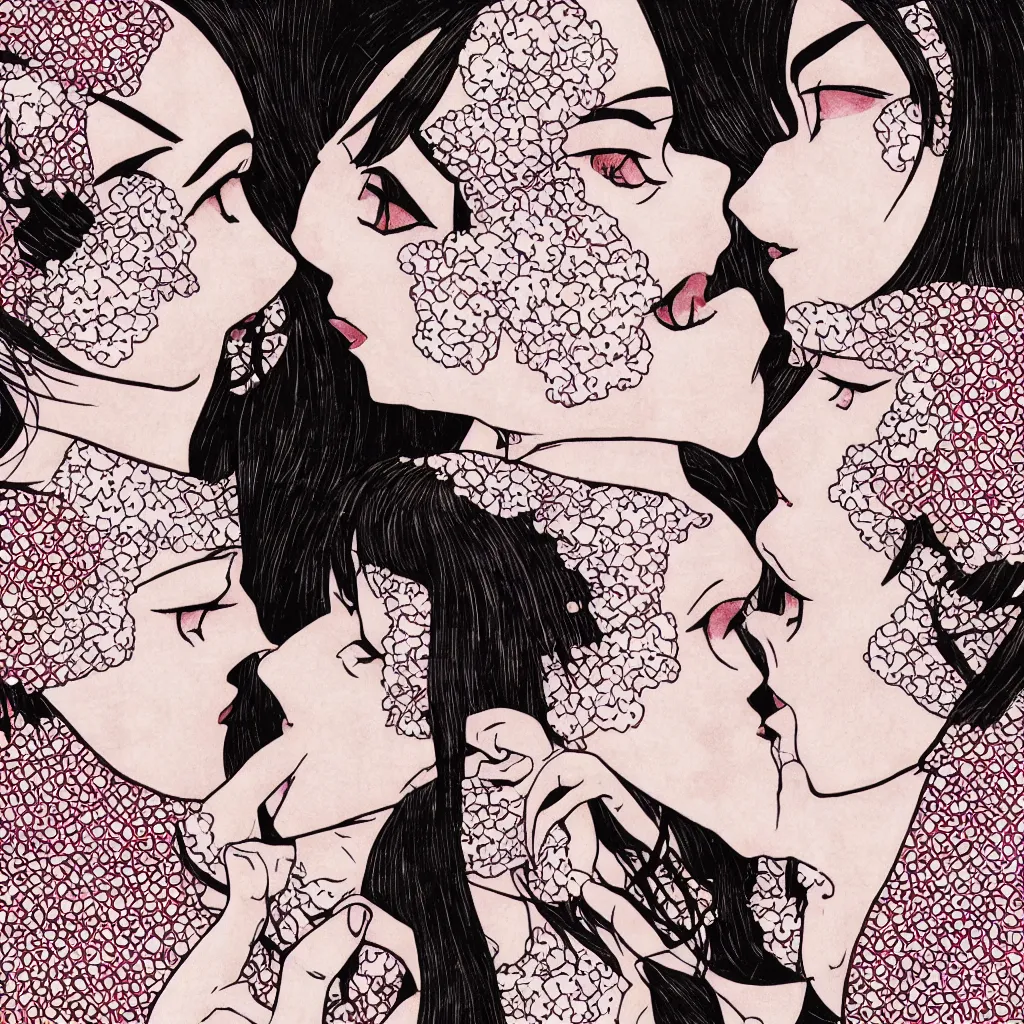 Image similar to close - up of two women made of patterns kissing each other, manga art by araki, jojo's bizarre adventure key visual