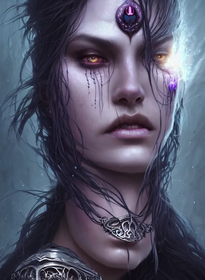 Prompt: Necromancer Sorceress face close-up macro in center, flying hair, fantasy magic, undercut hairstyle, dark light night, intricate, elegant, sharp focus, illustration, highly detailed, digital painting, concept art, matte, art by WLOP and Artgerm and Greg Rutkowski and Alphonse Mucha, masterpiece
