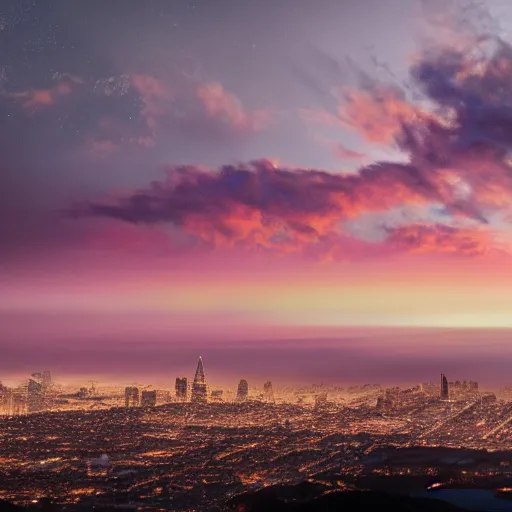 Prompt: a fantastical painting of dusk over san francisco bay area,, epic light scene, spectacular, finely detailed, whimsical, contemporary, mixed - media, award winning, 8 k, trending on artstation, volumetric lighting, octane render uhd artwork by bob ross