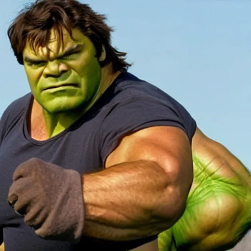 Image similar to jack black as the incredible hulk, movie still, action pose,