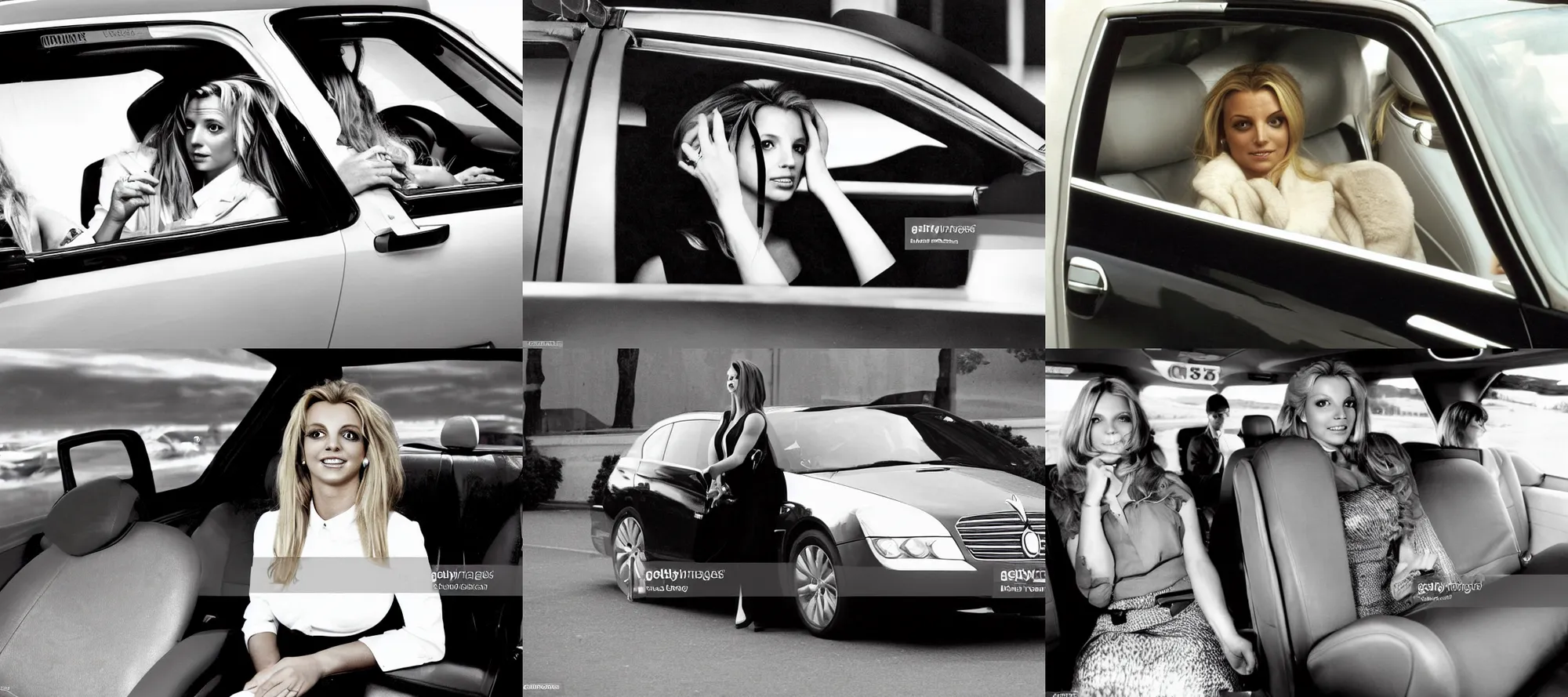 Prompt: a woman sitting in the back seat of a car polished movie still associated press photo chauffeur britney stewardess by Dahlov Ipcar dribble 2005 an album cover model