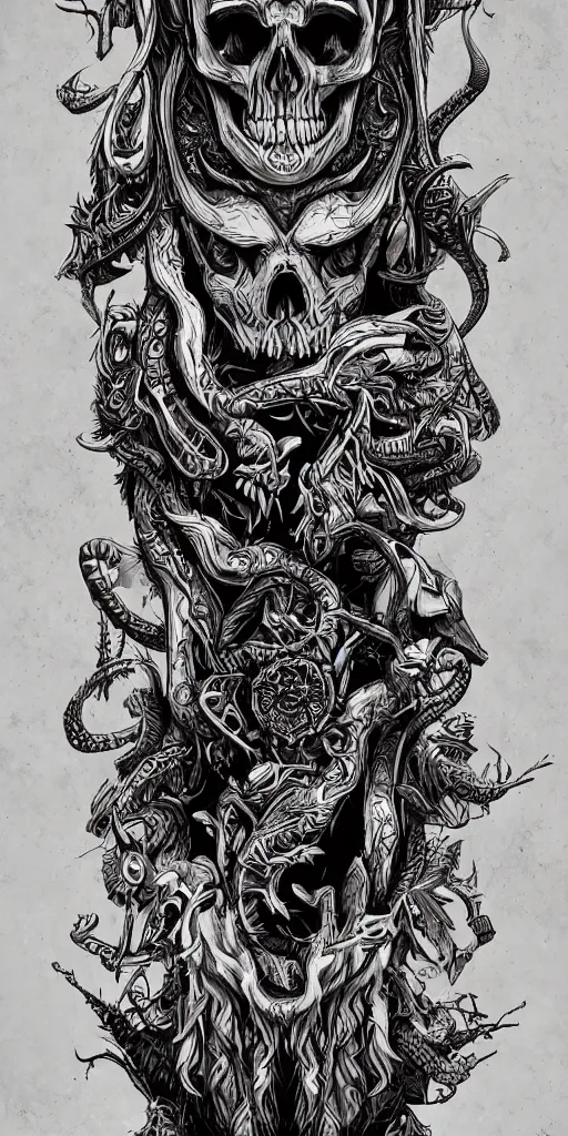 Image similar to A totem with a skull and an wolf, lovecraft, ink on paper, coherent, symmetrical, intricate, high detail, digital painting, octane render, 4k, trending on artstation