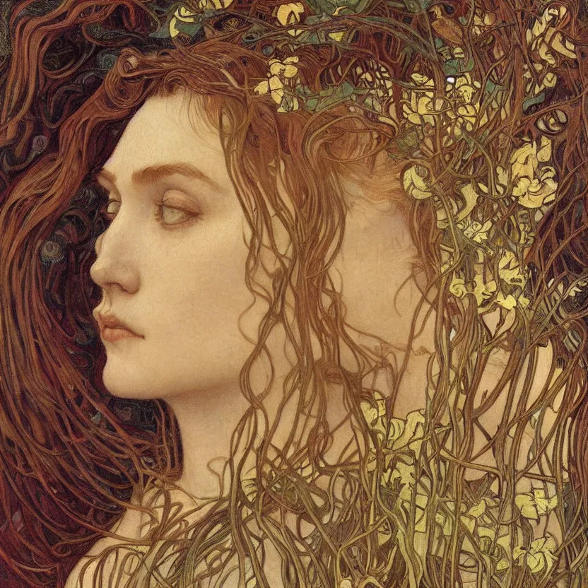 Image similar to detailed realistic beautiful young medieval queen face portrait by jean delville, alphonse mucha, vincent van gogh, and marco mazzoni, art nouveau, symbolist, visionary, gothic, pre - raphaelite