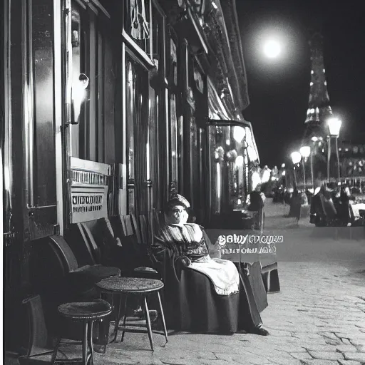Image similar to An edwardian woman sitting outside a cafe in paris at night, the moon is in the sky, the eiffel tower is visible in the background