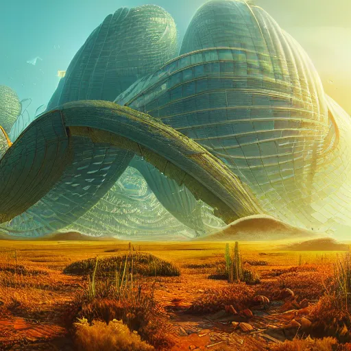 Image similar to panorama,utopia,science fiction,bio-inspired,organic,sunny,michael whelan,octane render