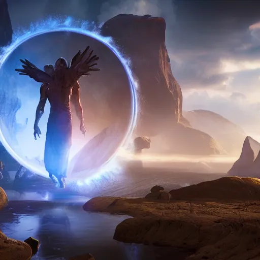 Image similar to comic book scene of an epic portal being exited by a god, cinematic, realistic, beautiful scenery, matte painting, highly detailed, octane render, unreal engine