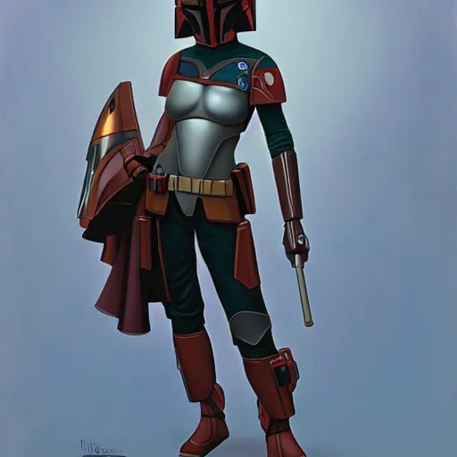 Prompt: fine art beautiful cosplay girl in mandalorian armor, digital painting by ralph mcquarrie