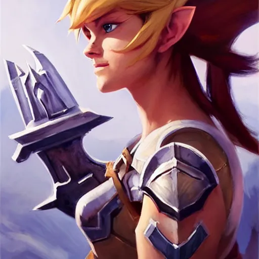 Image similar to greg manchess portrait painting of partially armored female link from legend of zelda as overwatch character, medium shot, asymmetrical, profile picture, organic painting, sunny day, matte painting, bold shapes, hard edges, street art, trending on artstation, by huang guangjian and gil elvgren and sachin teng