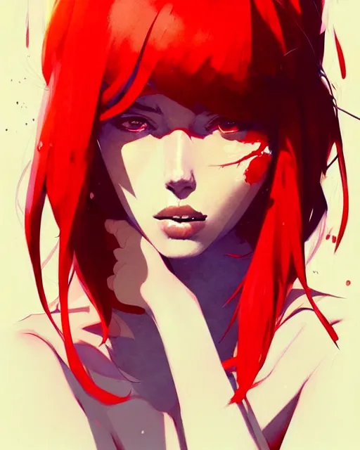 Image similar to a ultradetailed beautiful panting of a stylish woman with red bangs, by conrad roset, greg rutkowski and makoto shinkai, trending on artstation