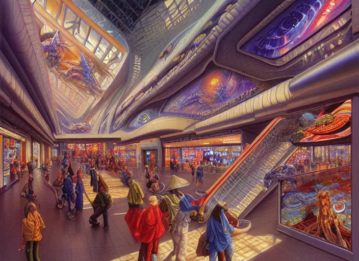 Image similar to detailed intricate portrait of futuristic shopping mall, sharp focus, art by artgerm, bob eggleton, michael whelan, stephen hickman, richard corben, wayne barlowe beautiful psychedelic dmt lighting, hyper detailed, 8 k, oil on canvas 8 k