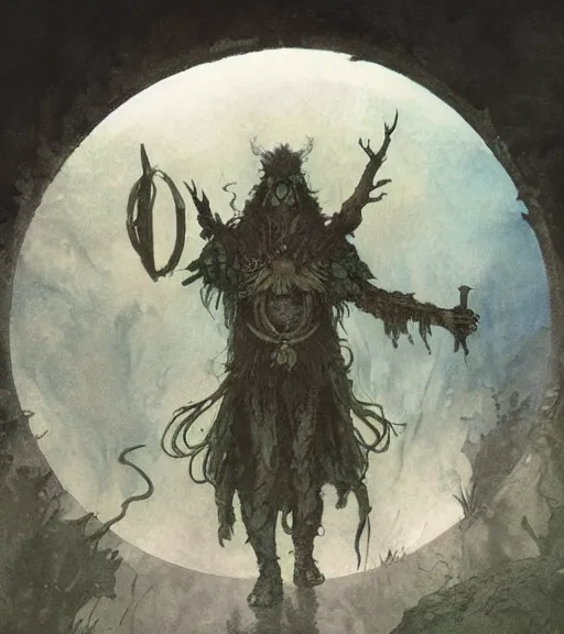 Image similar to a druid standing in a circle at the beginning of the world by alan lee and peter mohrbacher and frank frazetta and mike mignola