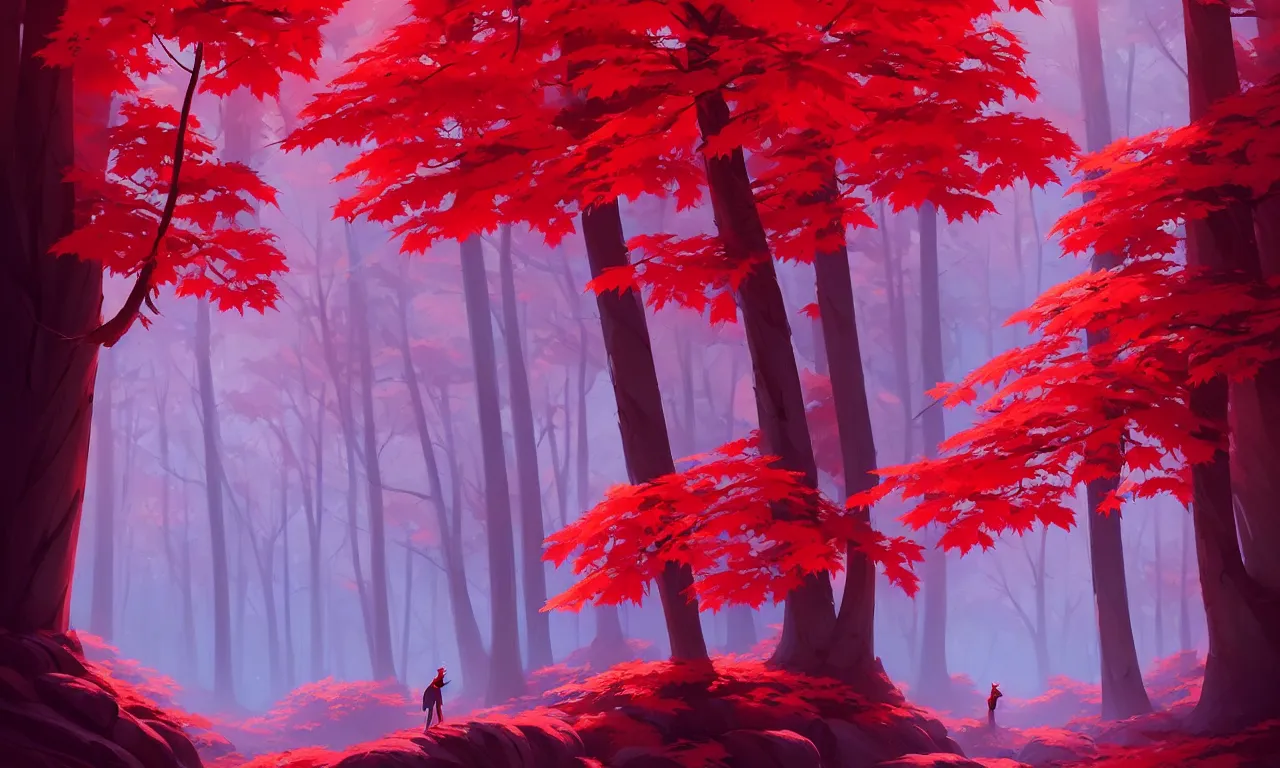 Image similar to Dark forest red maple trees under gorgeous mountains, behance hd by Jesper Ejsing, by RHADS, Makoto Shinkai and Lois van baarle, ilya kuvshinov, rossdraws global illumination