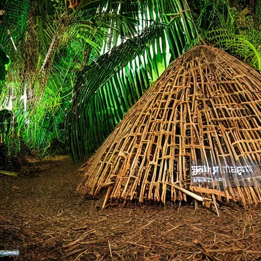 Prompt: sleeping shelter made of palm leaves and sticks in the rainforest, realistic, 8 k, night,