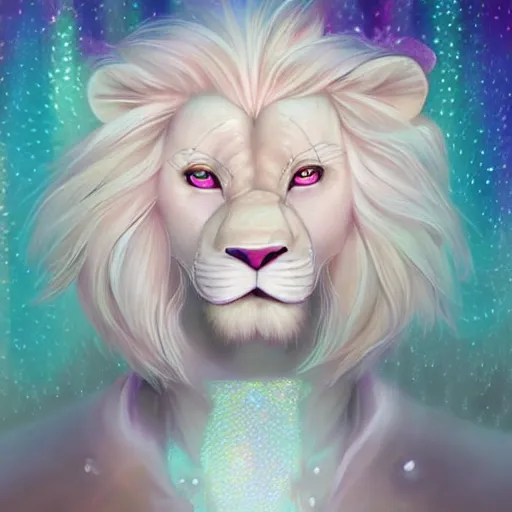 Image similar to aesthetic portrait commission of a albino male furry anthro lion wearing a cute holographic iridescent long sleeved silky reflective shirt outfit with bubble patterns and shapes, winter Atmosphere. Character design by charlie bowater, ross tran, artgerm, and makoto shinkai, detailed, inked, western comic book art, 2021 award winning painting