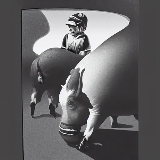 Prompt: black and white retro futuristic boy wearing crown riding on the back of a large pig by syd mead, matte painting, crosshatch and stippling