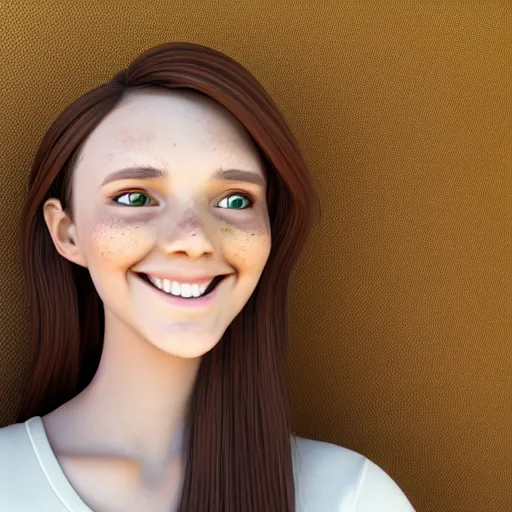 Image similar to Render of a cute 3d young woman smiling, long shiny bronze brown hair, full round face, emerald green eyes, medium skin tone, light cute freckles, smiling softly, wearing casual clothing, relaxing on a modern couch, interior lighting, cozy living room background, medium shot, mid-shot, soft focus, trending on Artstation, Unreal Engine 5 , 4k, professional photography, Portra 400