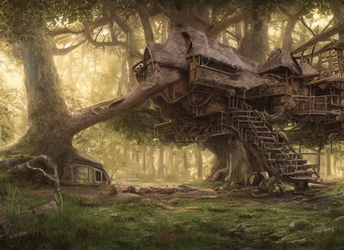 Prompt: detailed full body concept art illustration pastel painting of a treehouse, ultra detailed, digital art, octane render, dystopian, micro detail 4k