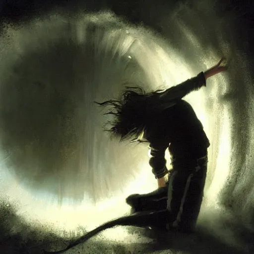 Prompt: a latino 1 5 year old boy with long black hair opens a dark portal to the void. dramatic. cinematic. detailed. sharp. photo realistic. realism. repin. phil hale. ruan jia