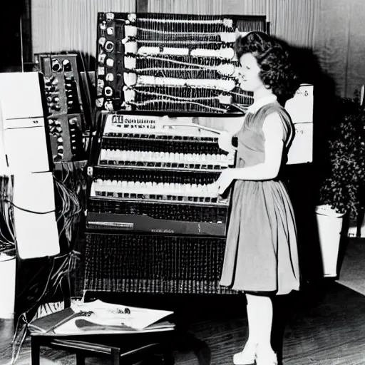 Image similar to Shirley Temple using a giant modular synth, photograph