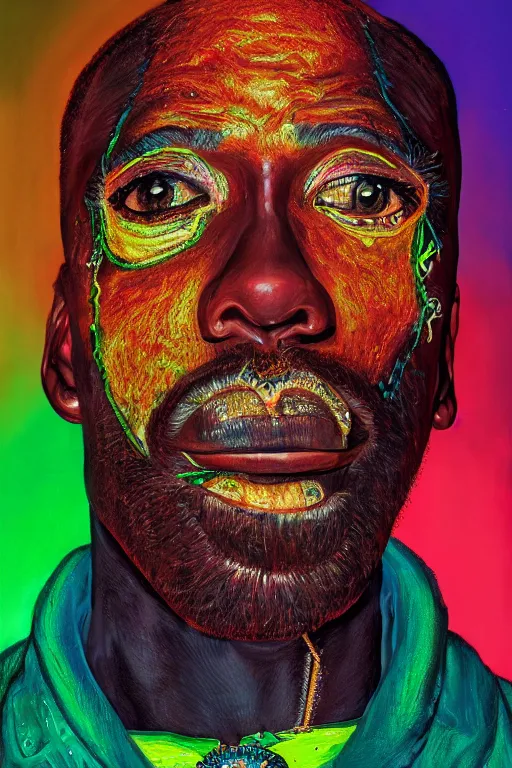 Image similar to detailed portrait of an African male with face augmentations, strong neon lighting, Afrofuturism, extravagant feathered collar, by glenn fabry, hyper realistic, HD, oil on canvas